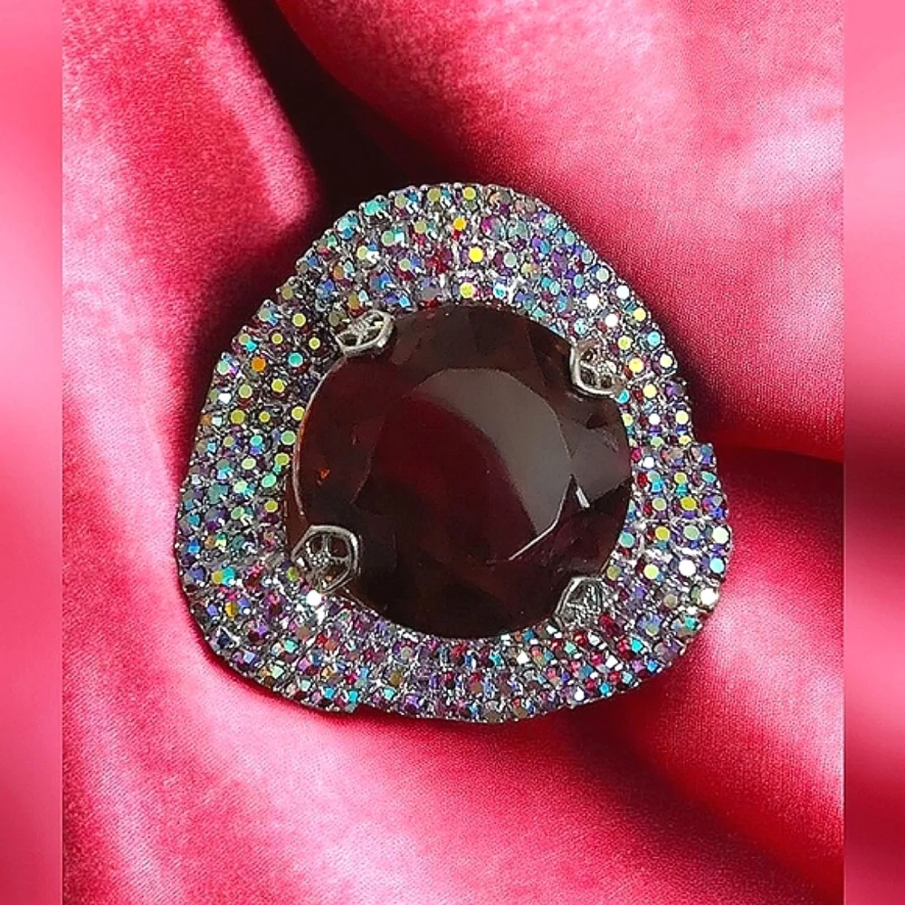 Vintage Wavy Silver Tone Topaz Red Givre Glass & AB Rhinestone Unsigned